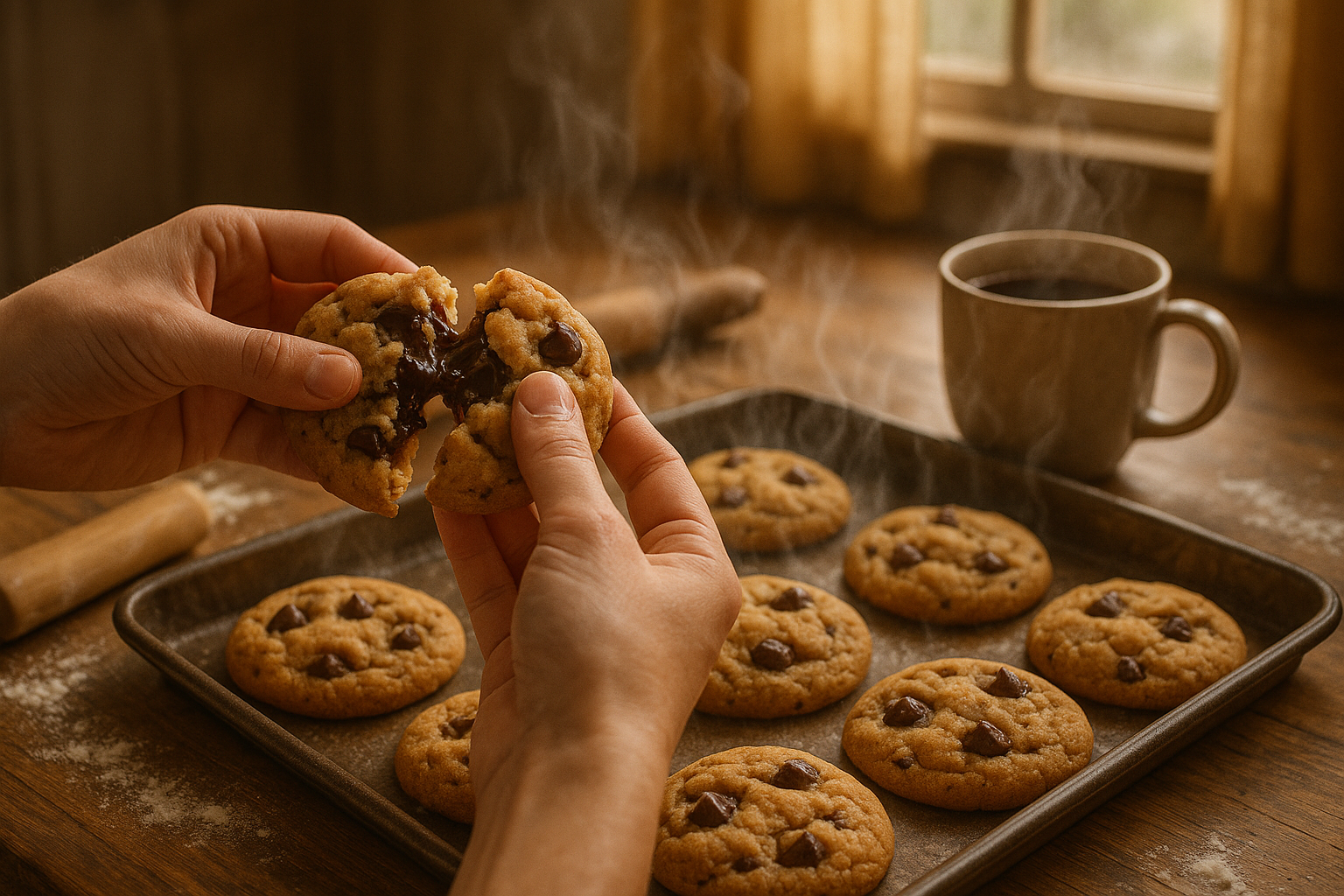 A fresh cookie tray coming out of the oven / cookie breaking moment / cozy table with coffee.