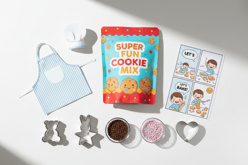 Cookie mix
Mini apron + chef hat (paper)
Shape cutters (animals, stars, hearts)
Sprinkle cups
Instruction comic-style card